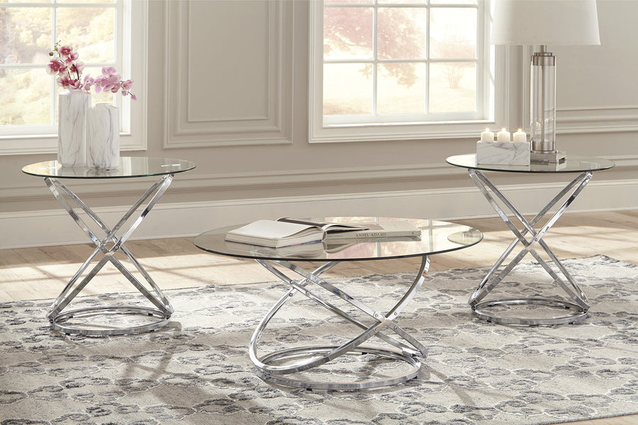 GTU Furniture Contemporary Glass Round 3-Piece Coffee Table Set, Cocktail Table with 2 Matching End Tables, Chrome Finish
