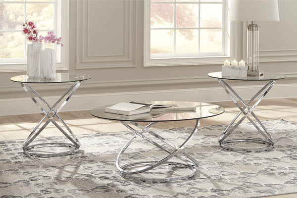 Contemporary Glass Round 3-Piece Coffee Table Set, Cocktail Table with 2 Matching End Tables, Chrome Finish – product view