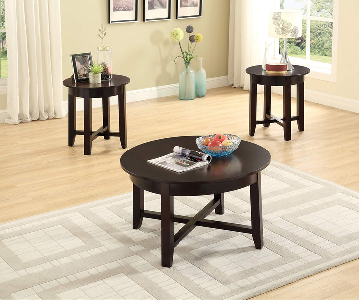 GTU Furniture 3Pc Round Dark Brown Cocktail Living Room Coffee & End Table Set