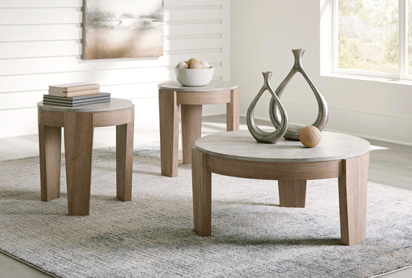 Casual MDF Round 3-Piece Coffee Table Set, Cocktail Table with 2 Matching End Tables, Light Brown Finish – alternate view 7