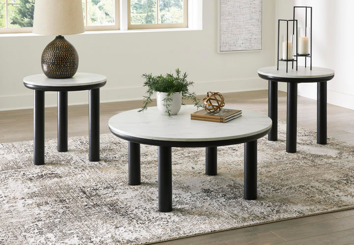 Casual MDF Round 3-Piece Coffee Table Set, Cocktail Table with 2 Matching End Tables, Black / White Finish – product view