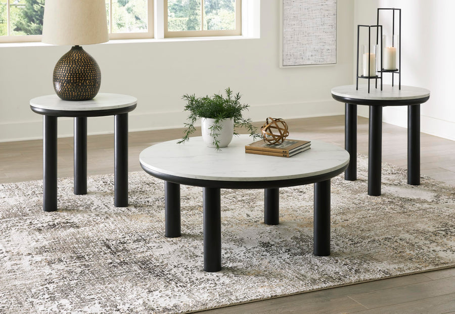 GTU Furniture Casual MDF Round 3-Piece Coffee Table Set, Cocktail Table with 2 Matching End Tables, Black / White Finish