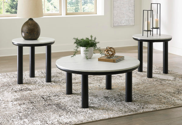 Casual MDF Round 3-Piece Coffee Table Set, Cocktail Table with 2 Matching End Tables, Black / White Finish – product view