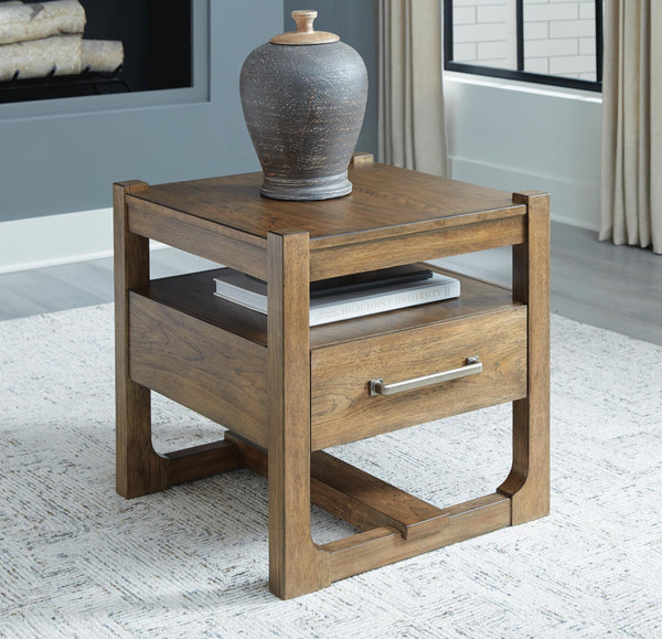 Relaxed Wood Square End Table, with Storage Drawer, Light Brown Finish, for Living Room – product view