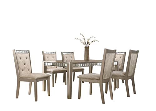 GTU Furniture Set for 6 Mirror Trim Rectangular Dining Table with Luxurious Button Chair in Grey/Silver/Champagne