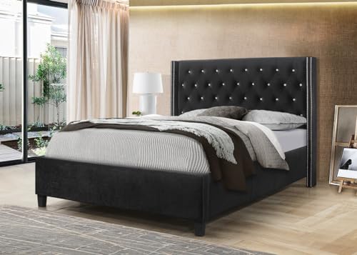 GTU Furniture Queen/King Size Velvet Fabric with Crystal Button Tufted upholstered Wingback Headboard Bed in Black/Blue