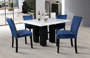 GTU Furniture 5Pc Square Dining Table with Faux Marble Top and 4 Upholstered Blue/Grey Chairs Dining Room Set
