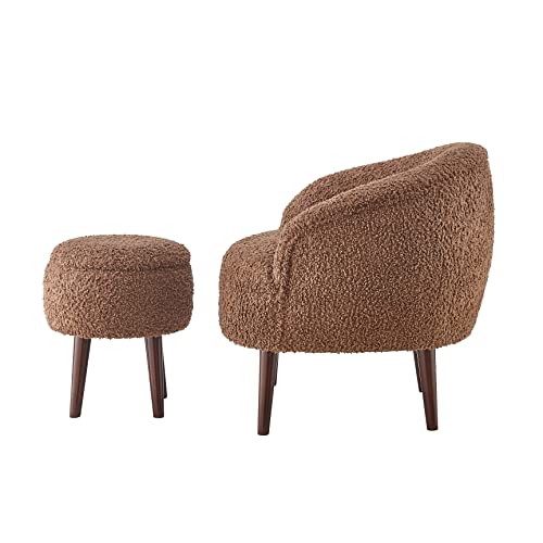 GTU Furniture Modern Barrel Teddybear Plush Accent/Side Brown Lounge Chair with Storage Ottoman for Bedroom Living Room Set