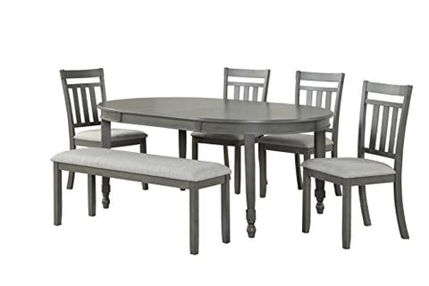 GTU Furniture Walnut/Grey Solid Wood Dining Set for 6, Oval Table Top with 4 Chairs and a Bench
