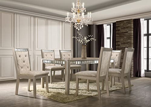GTU Furniture Set for 6 Mirror Trim Rectangular Dining Table with Luxurious Button Chair in Grey/Silver/Champagne