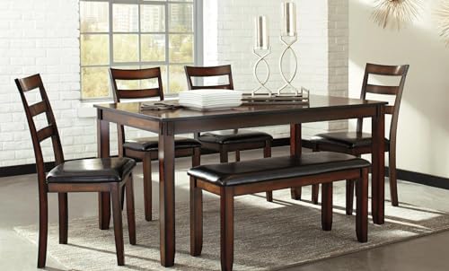GTU Furniture Kitchen Dining Room Table Set 6 Piece - PU Leather Wood Dining Chairs Seat - Cappuccino Finish Dining Table and Dining Bench