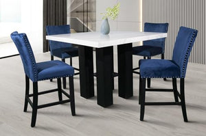 GTU Furniture 5Pc Square Counter Height Dining Table with Faux Marble Top and 4 Upholstered Blue/Grey Chairs Dining Room Set