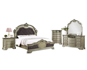 GTU Furniture Upholstered Panel 5PC Solid Wood Queen Bedroom Set Include Queen Bed, Dresser, Mirror, Chest, Nightstand in Jungle Green/Silver