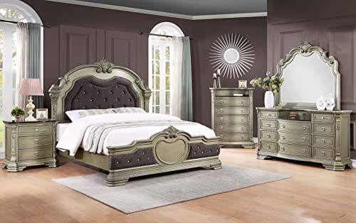 GTU Furniture Upholstered Panel 5PC Solid Wood Queen Bedroom Set Include Queen Bed, Dresser, Mirror, Chest, Nightstand in Jungle Green/Silver
