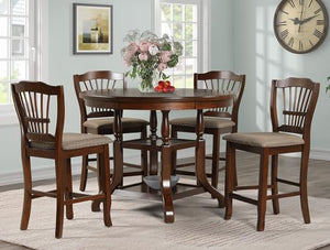 GTU Furniture 5-Piece Expresso Wooden Counter Height Dining Set with Round Table and 4 Fabric Seat Chairs