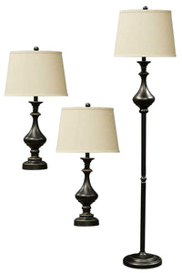 Stylecraft 2 Table & 1 Floor Madison Bronze Finish Metal Lamps with Beige Linen Drum Shades