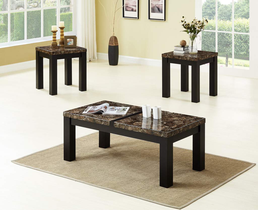 GTU Furniture Occassional Modern, Eclectic, Glam, 3-Piece Square Accent Table Set with 1 Coffee Table, and 2 End Tables in a Rich Dark Espresso Brown Wood Finish Topped with Faux Marble, Mesitas para