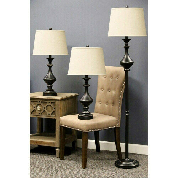 Stylecraft 2 Table & 1 Floor Madison Bronze Finish Metal Lamps with Beige Linen Drum Shades