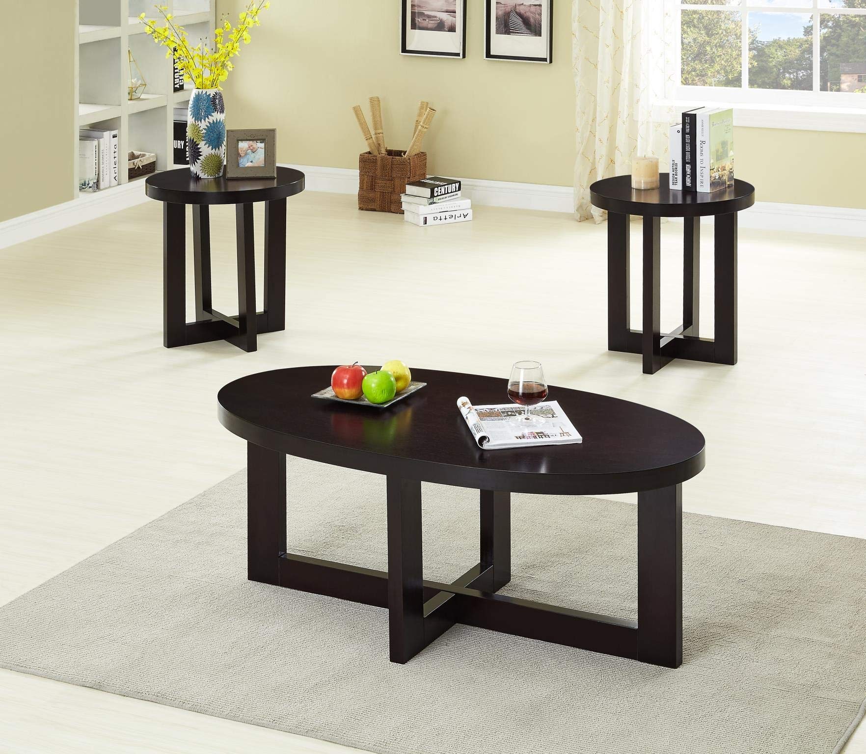 GTU Furniture Ocassional, Contemporary Modern, Transitional Oval Accent Table Set, 1 Coffee Table and 2 End Tables with a Dark Espresso Finish, Mesitas para Sala