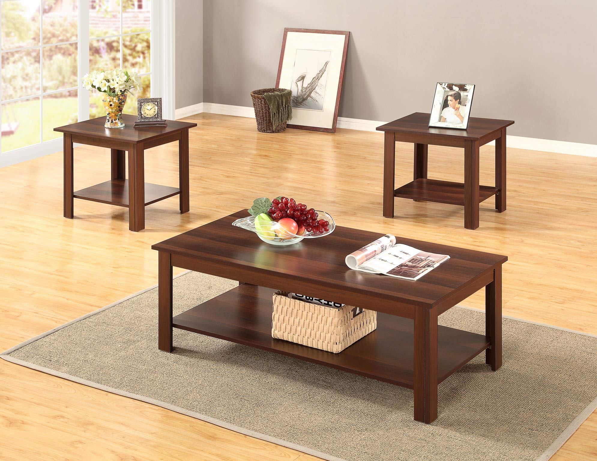 GTU Furniture Occassional Modern, Contemporary, Transitional, Traditional, 3-Piece Square Accent Table Set with 1 Coffee Table, and 2 End Tables in a Rich Dark Oak Brown Wood Finish, with Storage Shel