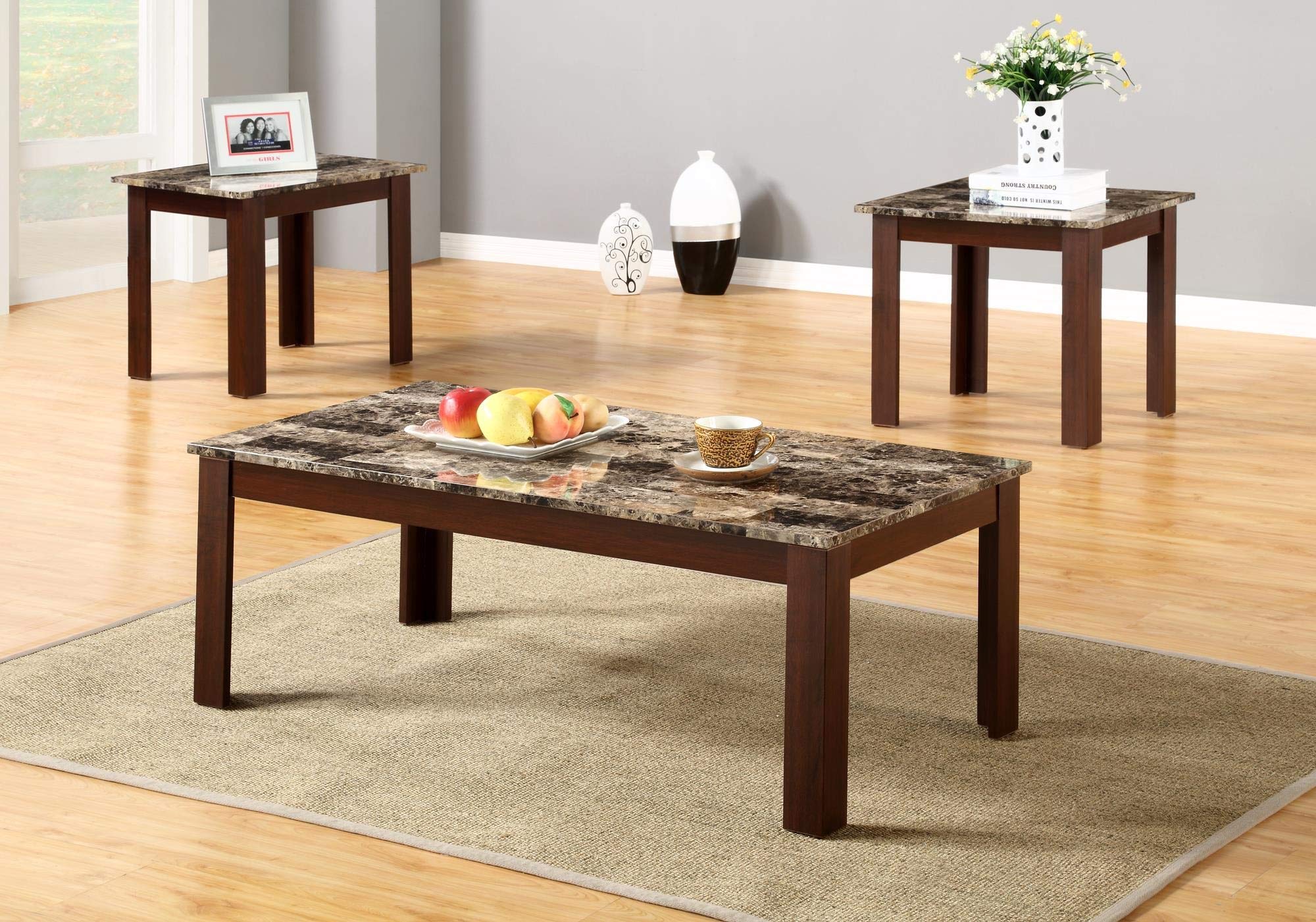 GTU Furntiure 3Pc Brown Faux Marble Top Living Room Coffee & End Set