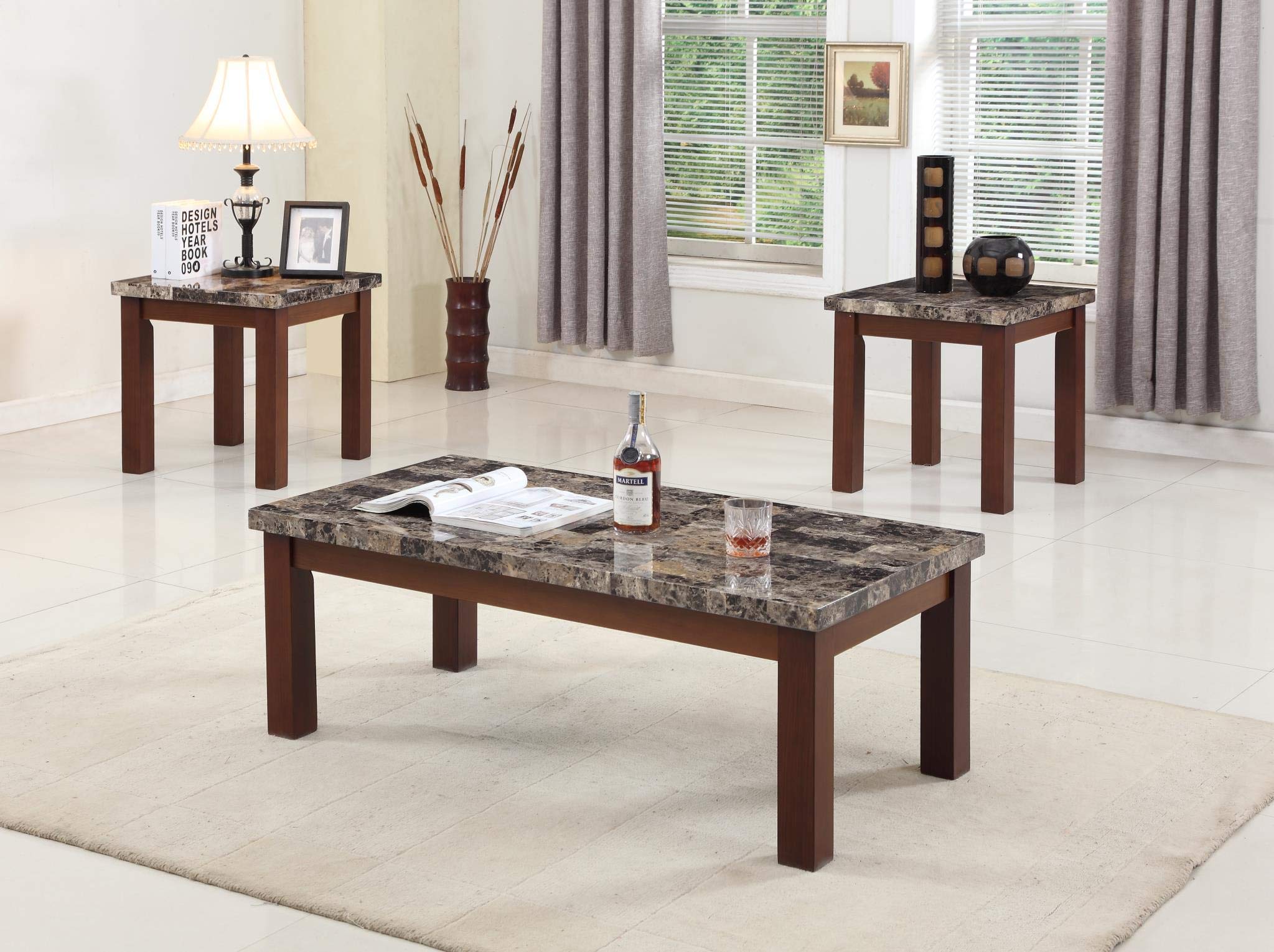 GTU Furniture Modern Contemporary Glam, 3-Piece Square Accent Table Set with 1 Coffee Table, and 2 End Tables in a Dark Brown Wood Finish Topped with Faux Marble, with Storage Shelf, Mesitas para Sala