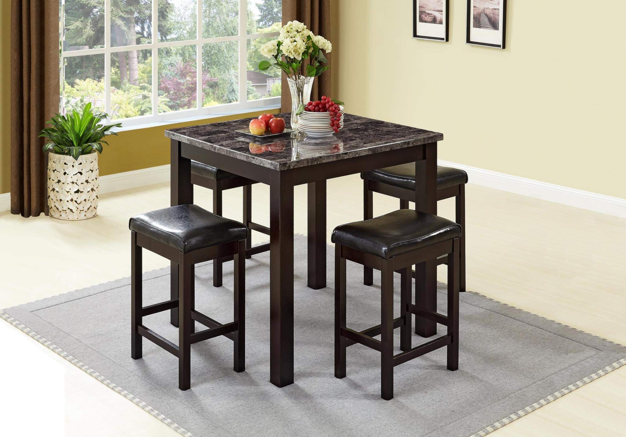GTU Furniture 5Pc Faux Dark Wood Marble Top Counter Height Pub Table Set (5 In1)