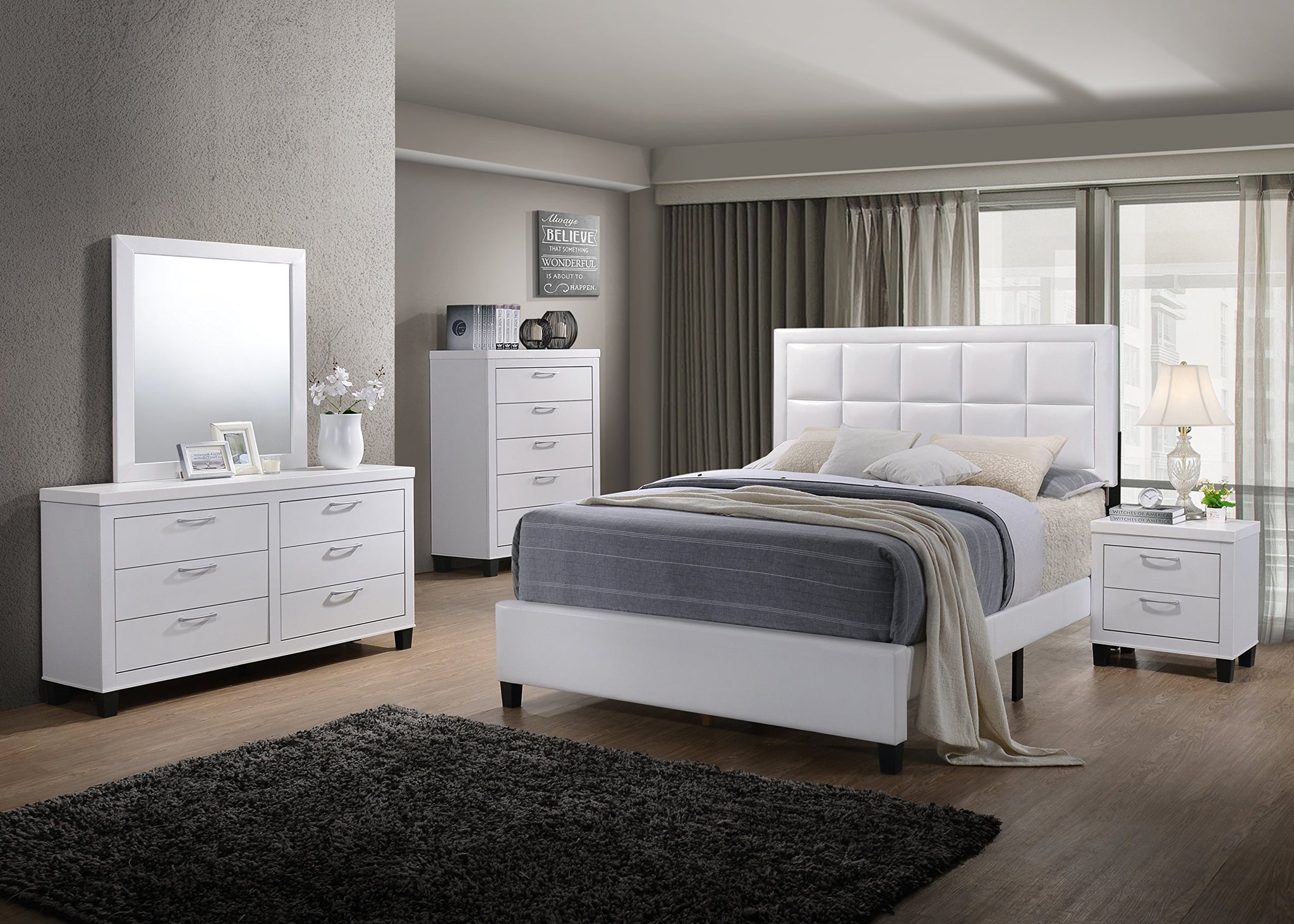GTU Furniture 5Pc Queen Wood White Storage Bedroom Set (Bed + Night Stand + Mirror + Dresser + Chest, Queen)