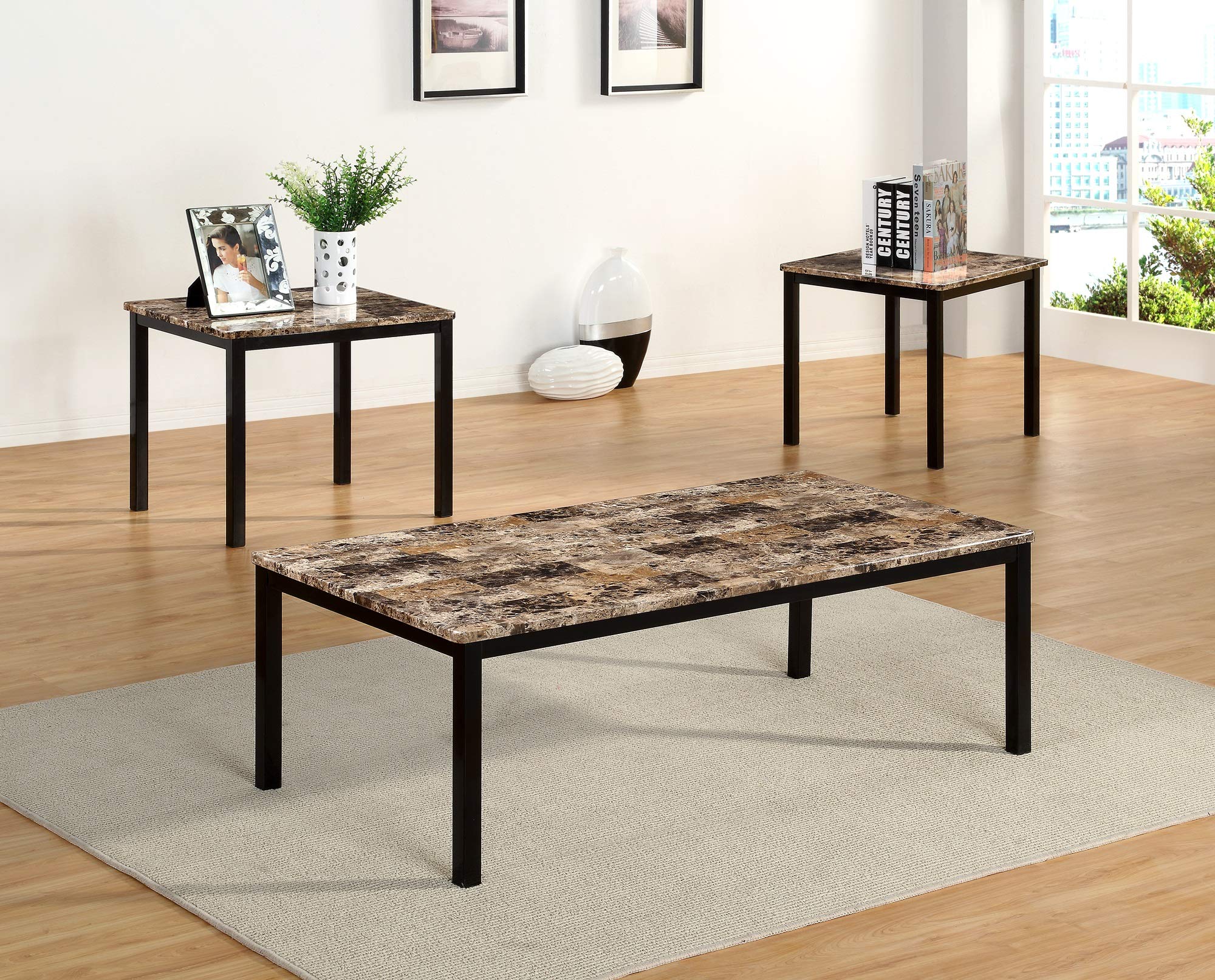 GTU Furntiure 3Pc Rectangular Faux Marble Top Living Room Coffee & End Table Set